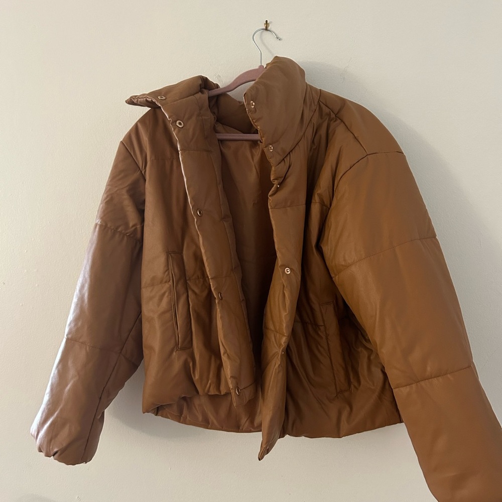 Brown pleather puffer coat